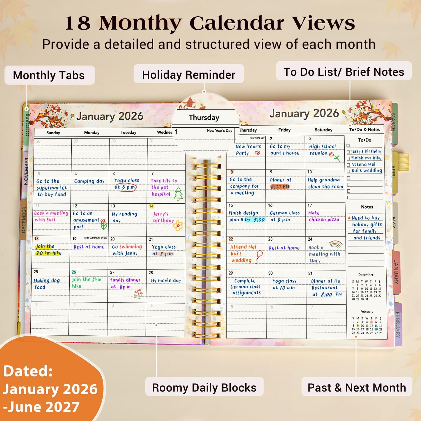 Planner 2026-2027, 18 Months Weekly and Monthly Daily Planner from January 2026 - June 2027, 8.5" x 11" A4 Large Hardcover Agenda Organizer Book 2026 with Tabs, Spiral Yearly Calendar Planners for School Work Home, Autumn Tree