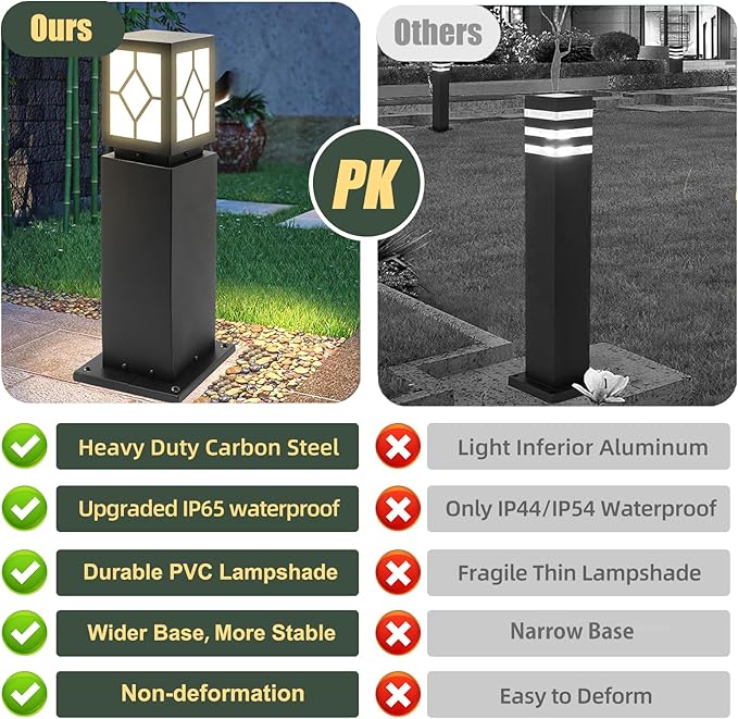 2Pack Landscape Path Lights 24" IP65 Waterproof Bollard Lights, Heavy Duty Steel Stable Widened Base E27 Lamp Holder, Modern Outdoor Path Lights Bollard for Lawn, Patio, Courtyard, Driveway, Lozenge