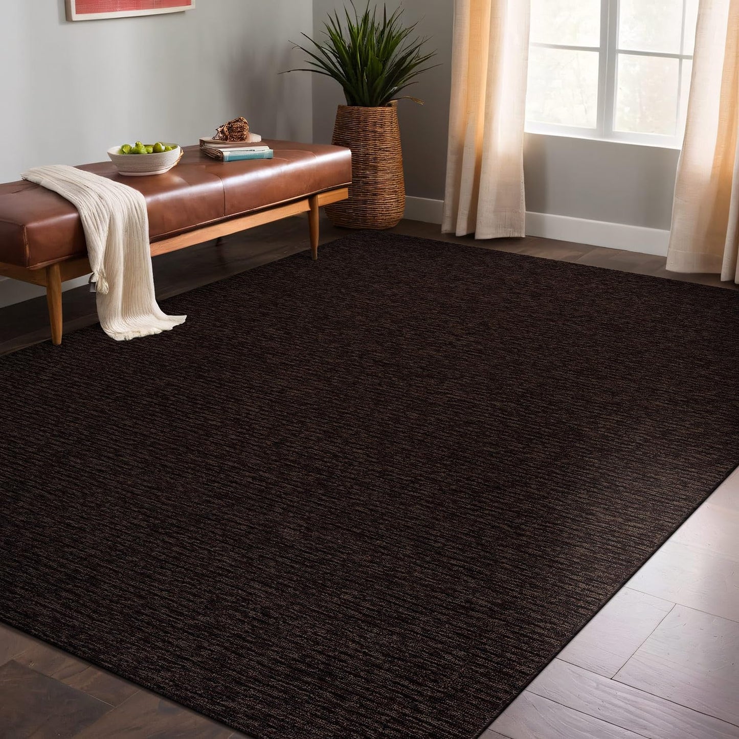 Luul Home Non Slip Brown Solid Rubber Back Thin Rug for Living Room 5x7 Area Rugs for Kitchen, Rugs for Bedroom, Stain Resistant Easy Cleaning Non Shedding Carpet Brown 5 x 7