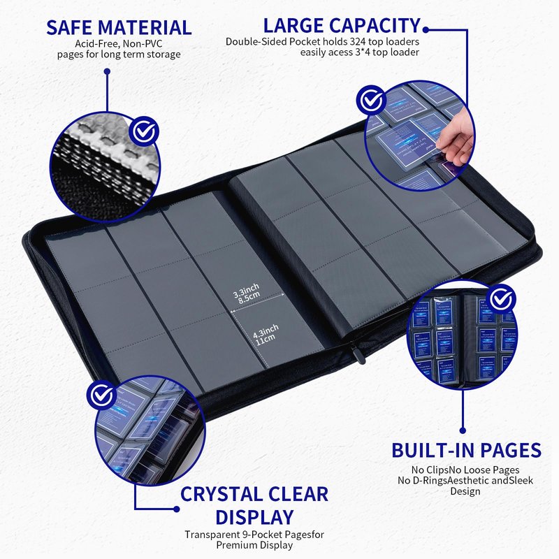 TRUGQ Toploader Binder Holds 324 Toploaders - 20 Toploaders|Waterproof PU Leather + Anti-Yellowing PP Inserts | Ridge Tab Sorting Portable top loader binder for cards(For Sports/Game Cards)
