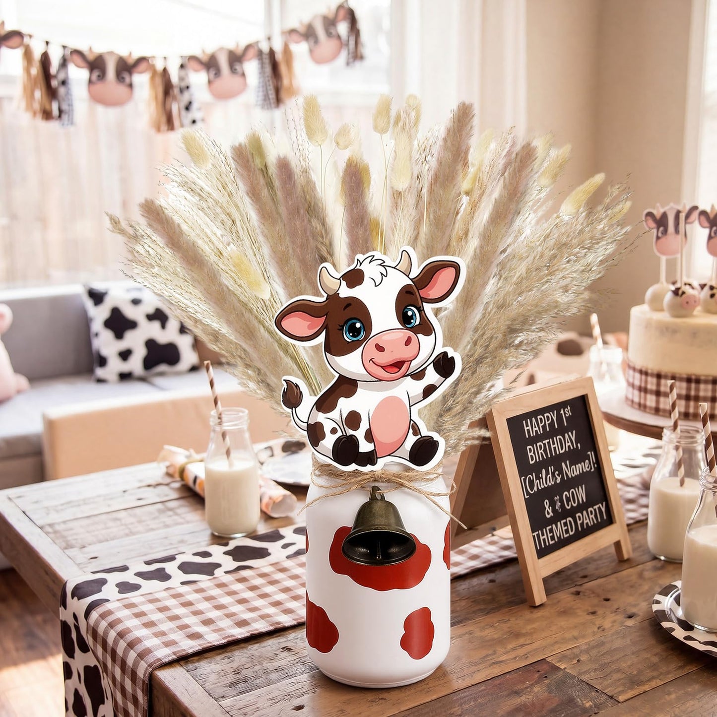 Ferrochef 4 Sets Farm Theme Centerpieces Cow Birthday Party Decorations for Tables, 119 Pcs Farm Party Decoration Include Mason Jars Bell Dried Pampas Grass Kit for Birthday Baby Shower(Brown)