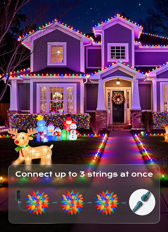 C9 Outdoor Christmas Lights, 72 FT 110 LED C9 String Lights, 8 Modes & Timer Connectable Waterproof for Christmas Tree light Indoor Outdoor Roofline Patio Outside Yard Xmas Decor, Multicolor 2 Pack