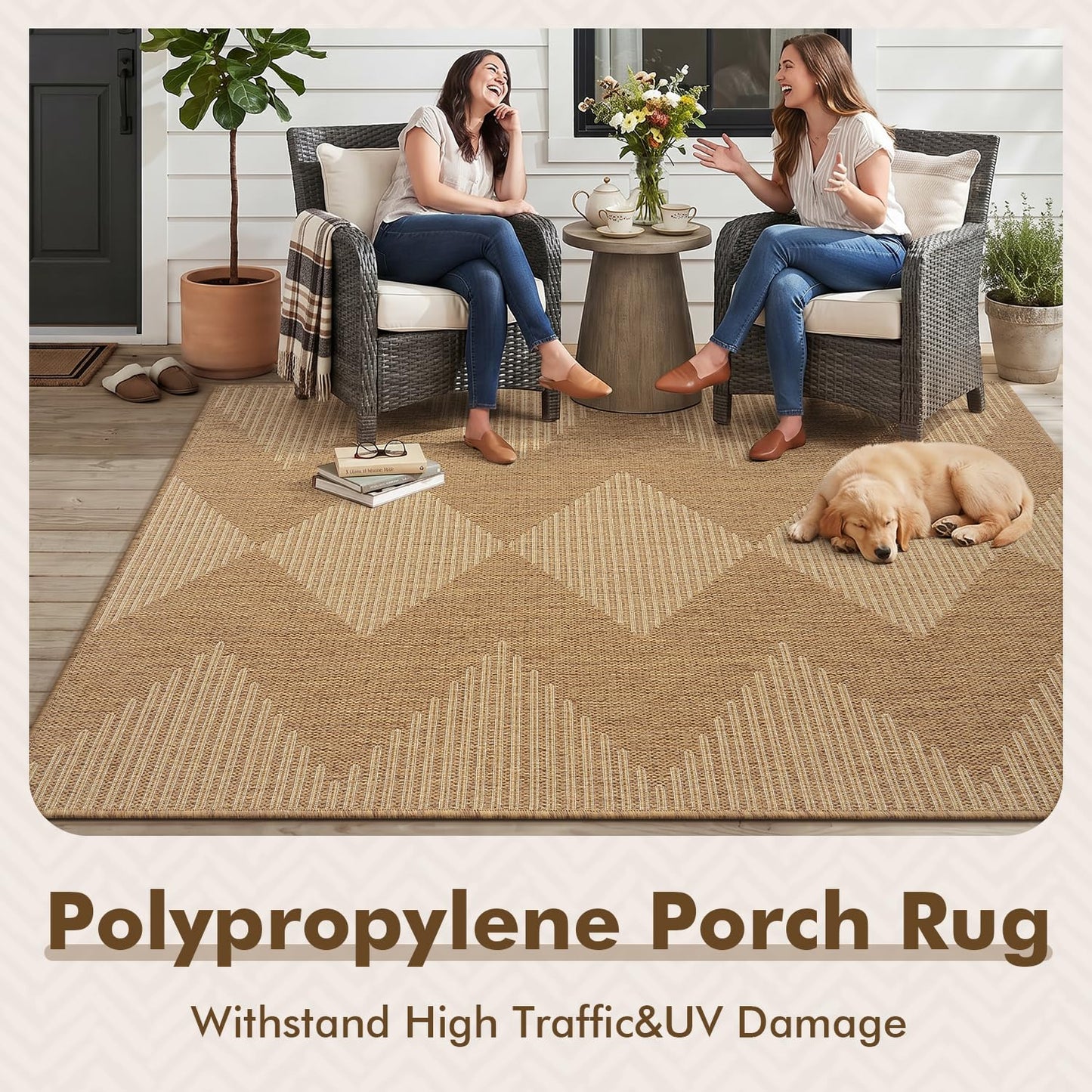 MontVoo-Outdoor Rug Carpet Patio Rug 5x7 ft Polypropylene Indoor Outdoor Rugs for Patio Deck Balcony Porch, Textured Weave, Durable for High Traffic, Fade-Resistant, Boho Geometric Neutral Brown