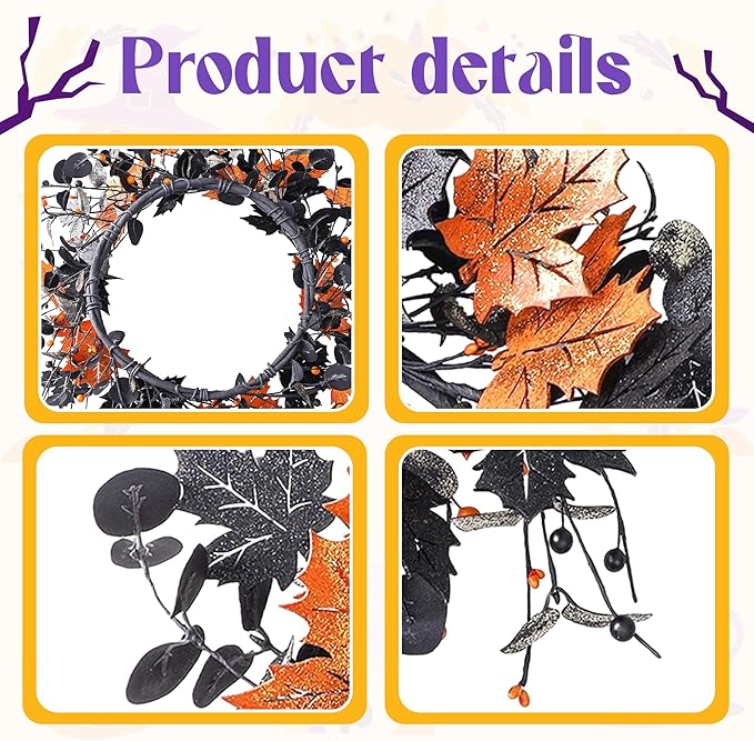 YNYLCHMX 18" Halloween Wreath for Front Door, Halloween Door Wreaths, Fall Autumn Farmhouse Wreath with Golden and Black Maple Leaves for Home Winsow Decorations Indoor Outdoor Party Decor