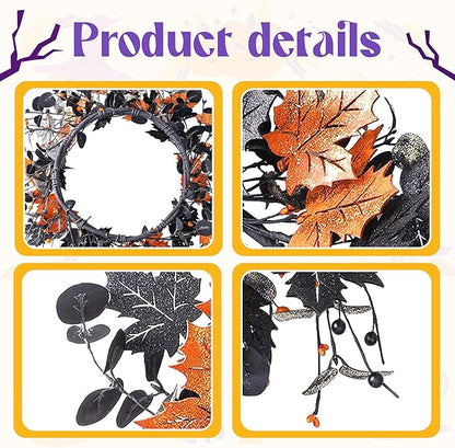 YNYLCHMX 18" Halloween Wreath for Front Door, Halloween Door Wreaths, Fall Autumn Farmhouse Wreath with Golden and Black Maple Leaves for Home Winsow Decorations Indoor Outdoor Party Decor