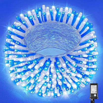 Vivideal 300 LED Christmas Lights Outdoor, 100ft Christmas String Lights 8 Modes Plug in Waterproof Fairy Lights with Timer Memory for Indoor Outside Bedroom Home Party Decoration, Blue&White