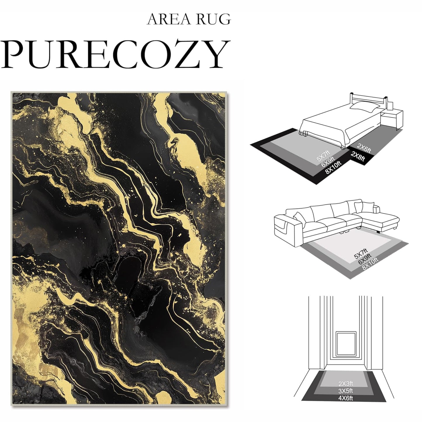 8x10 Area Rug Black and Gold Modern Large Rug for Living Room Indoor Machine Washable Abstract Rugs for Bedroom Ultra Soft Dining Room Carpet Non-Slip Non-Shedding Throw Rug for Home Office
