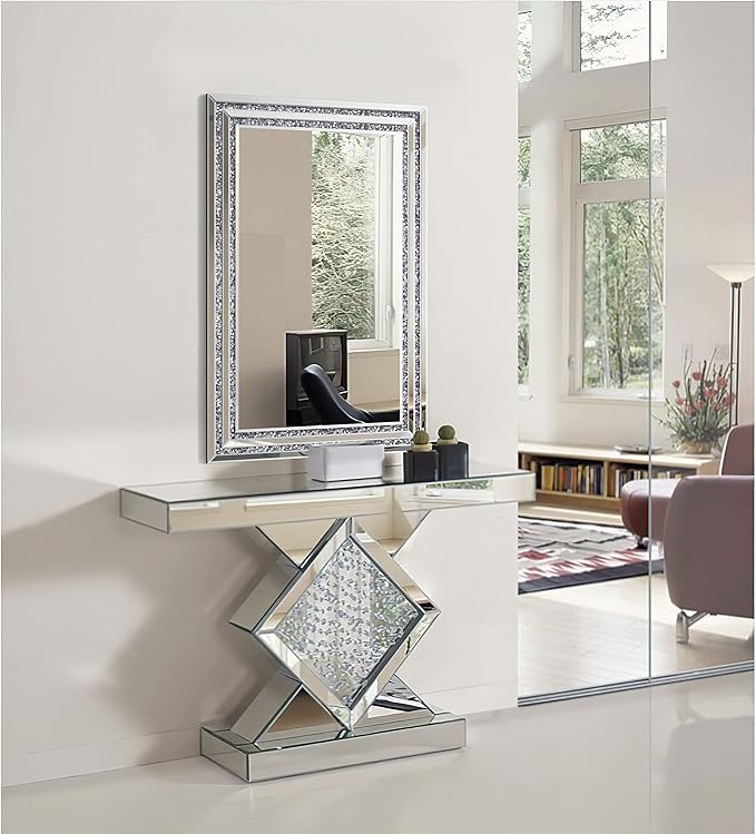 KOHROS Crystal Crush Diamond Rectangle Silver Mirror for Wall Decoration 48x32inch Frameless Wall Mirror Acrylic Diamond Decor Vertically or Horizontally Hanging