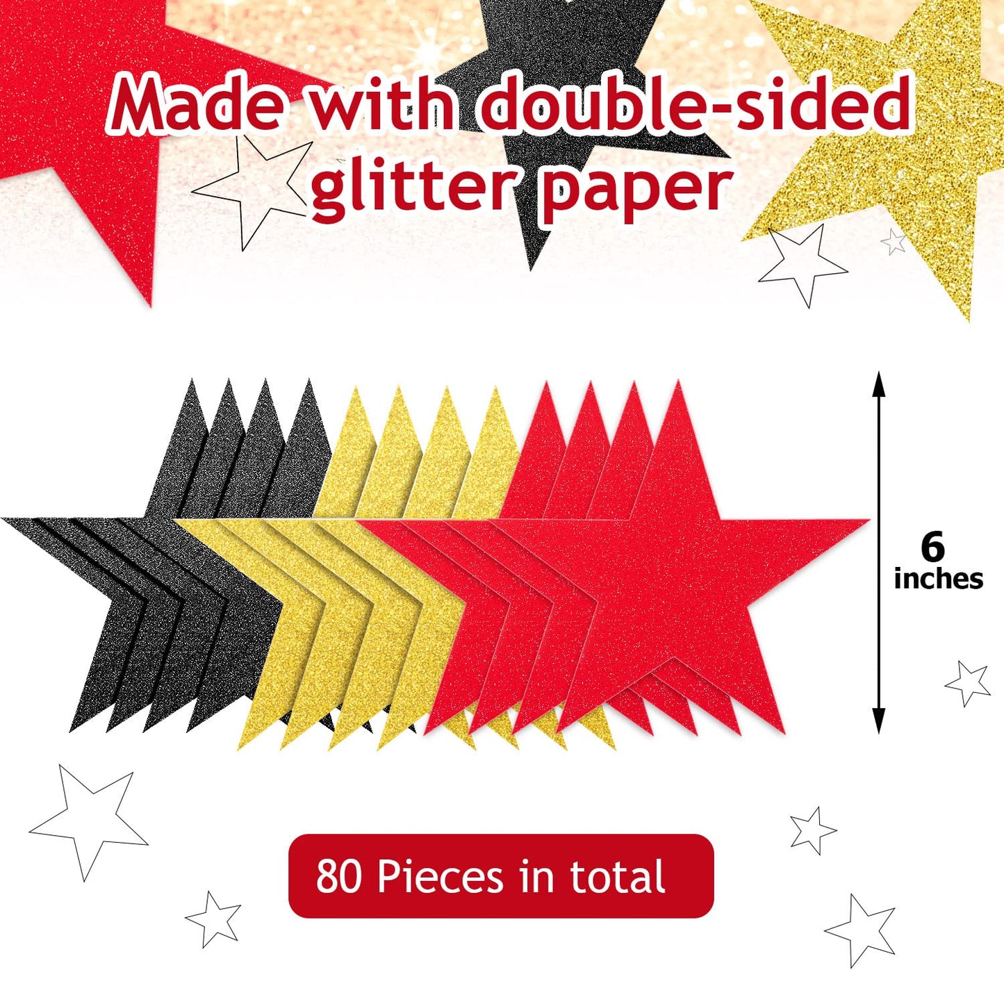 Gejoy 80 Pieces Glitter Stars Cutouts Gold Stars Decoration Double Printed Paper Star for Movie Night Bulletin Board Decoration Classroom Wall Graduation Party Decorations 6 Inches Black, Red, Gold