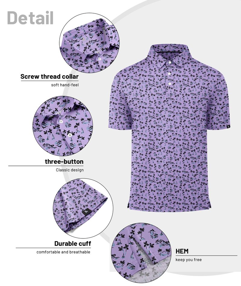 ZITY Mens Print Polo Shirts Short Sleeve Moisture Wicking Shirts for Men Golf Tennis Daily Casual Collared T-Shirt Purple Large