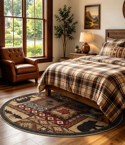 YIHOUSE Rustic Round Rug 4ft, Washable Circle Rug with Non-Slip Backing, Low Pile Soft Western Cabin Rugs for Living Room, Bedroom