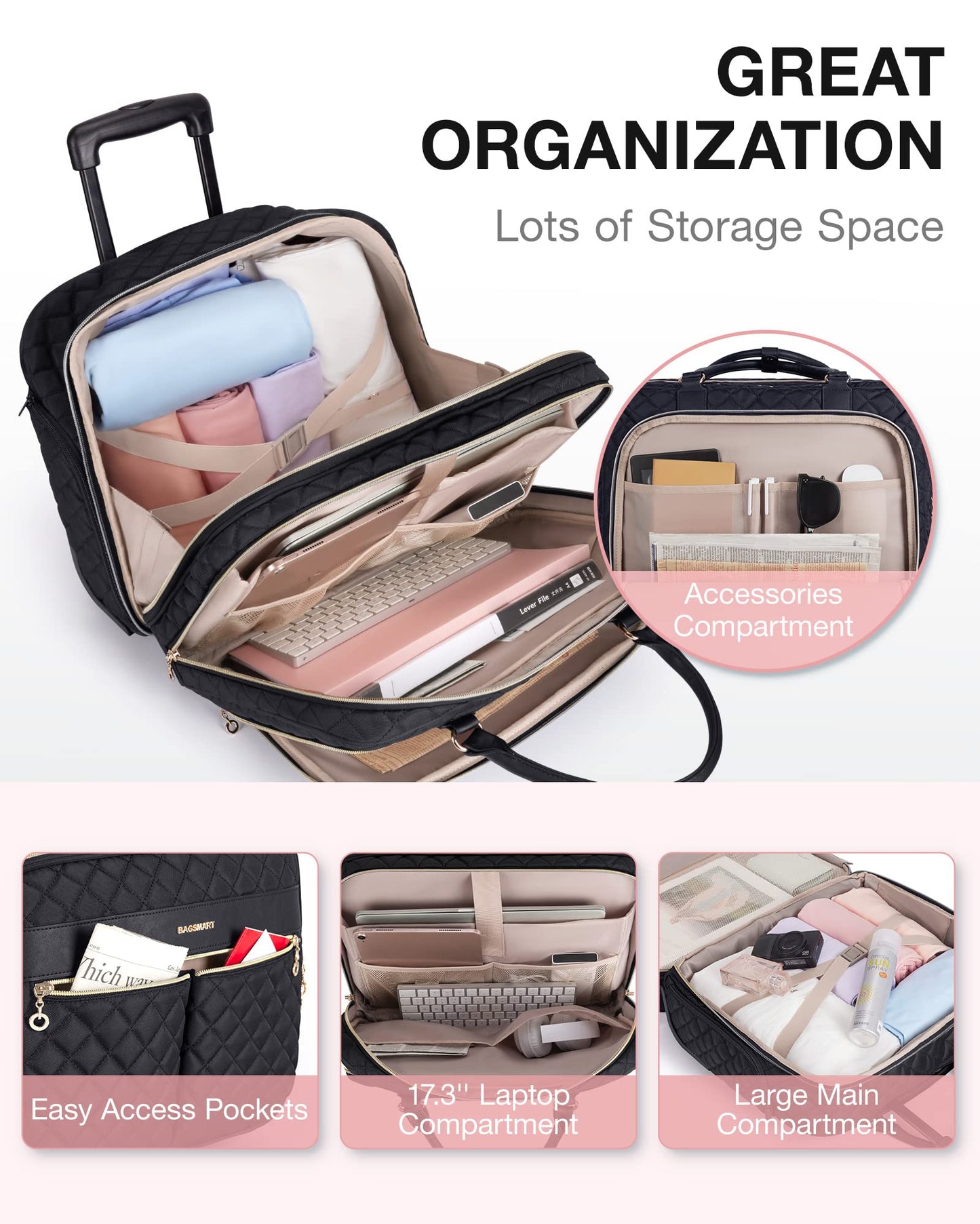 BAGSMART Rolling Laptop Bag Women, 17.3-Inch Quilted Briefcase on Wheels, Computer Case for Business Travel Work