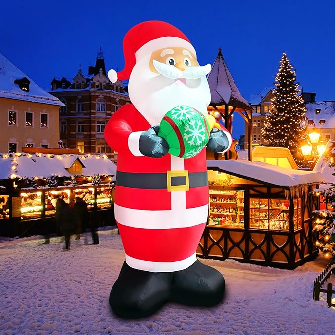 10FT Santa Claus Christmas Inflatable Decorations Blow Up Giant Santa Snowflake Ball Indoor Outdoor Decor Lights for Party Holiday Xmas Lawn Outside Patio Yard Garden Home Ornaments