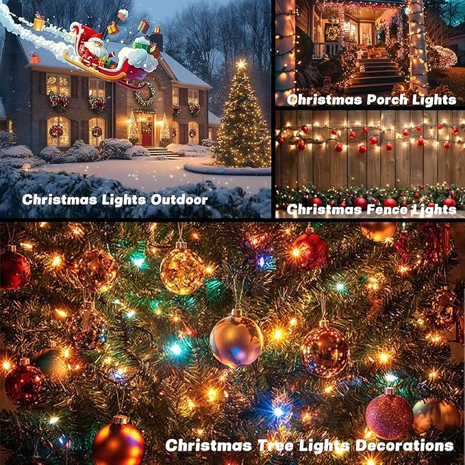 OZS 4 Pack 320LED Solar String Lights Outdoor, Waterproof 8 Modes Solar Tree Light, Green Wire Christmas Lights Outdoor for Garden, Party, Wedding, Christmas Decorations (Warm White)