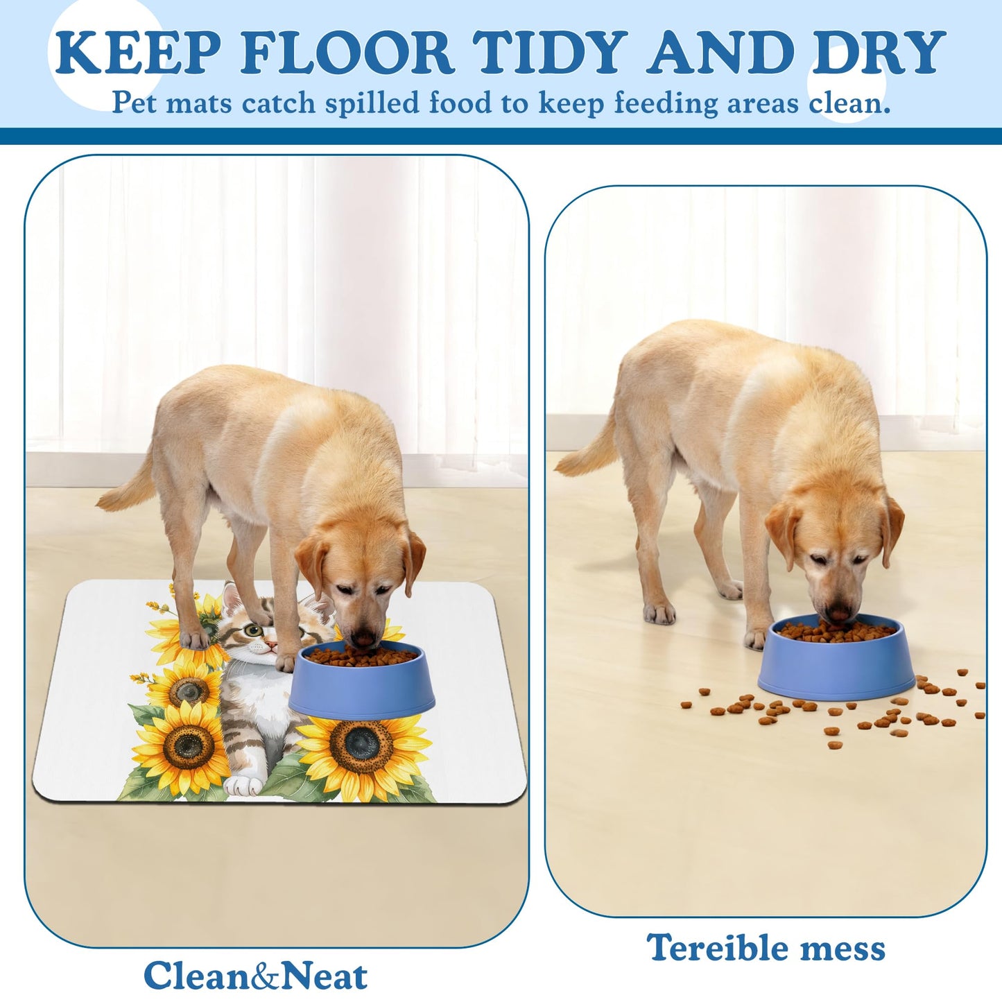 Cute Cat Sunflower Pet Feeding Mat for Floors–Absorbent Quick Dry Dog Cat Bowl Mat for Food and Water, Non Slip Waterproof Base, Mess-Free Feeding Accessories 12"x20"