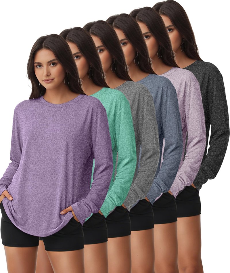 Kinglaman 6 Pack Women's Long Sleeve Workout Dry Fit Shirts, UPF 50+ Rash Guard SPF UV Sun Protection Shirts Crew Neck 1 Black 1 Gray 1 Blue 1 Purple 1 Dark Pink 1 Green Medium