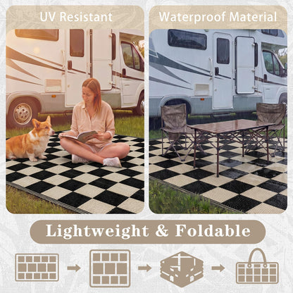 Klyyo Clyro Black Beige Checkerboard Outdoor Rug 5 x 8 ft Checkered Plastic Straw Camping Mat Foldable Reversible Patio Carpet for Rv Deck Camper Porch Backyard Picnic Beach Outdoor Garden