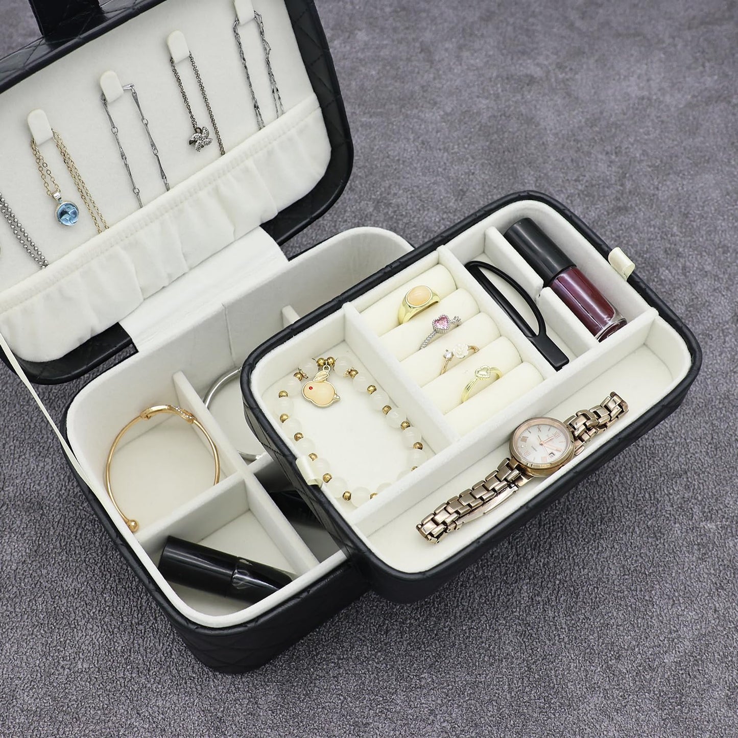 Cuifdem Jewelry Travel Case, 2-Layer Jewelry Box Organizer Medium Jewelry Travel Box, Portable Faux Leather Jewellery Storage Boxes with Argyle for Women, Daily Jewellery Case Home Use (Pure black)