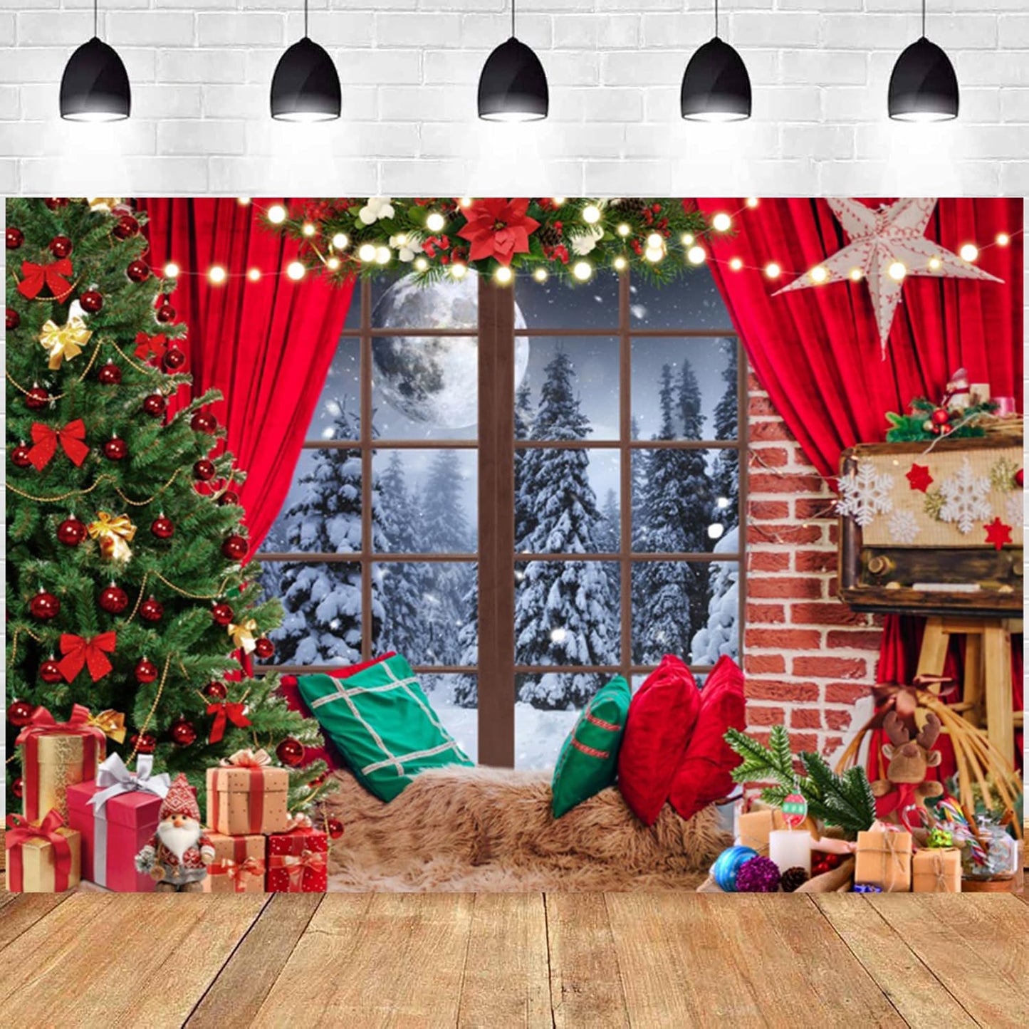 Diasynig 10x6.5FT Christmas Backdrop Window Red Curtain Xmas Tree Gifts Forest Snow Scene Photography Background Family Kids Winter Holiday Christmas New Year Party Decoration Banner Photo Booth Props