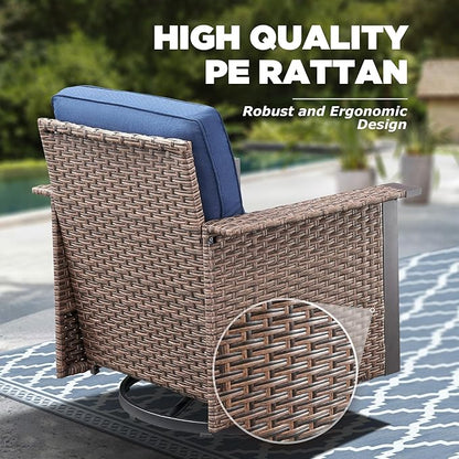 Outdoor Patio Furniture Set-5 Pieces All-Weather Wicker Patio Furniture with Outdoor Swivel Rocking Chairs Set of 2,Outdoor Patio Conversation Sets for Garden Porch Deck Brown/Blue
