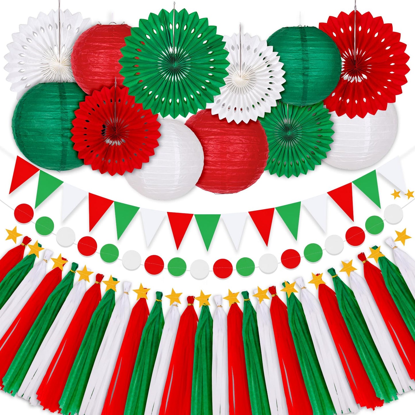 FYSUIMU 18Pcs 3D Christmas Paper Lantemm Decoration Garland Set Red Green White Hanging Buntina Banner paper Fans Tassel for Xmas Holiday Party decor