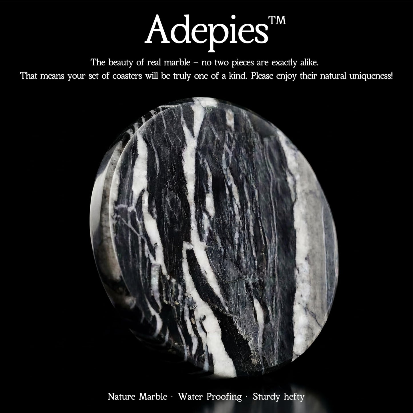 Adepies 3.5" Round Marble Coasters Set of 6, Black Natrual Water-Resistant Stone Drink Pads, Handmade Polished Cup Mats, Non Slip Backing, Office Bar Coffee Table Decor, New Home Housewarming Gifts