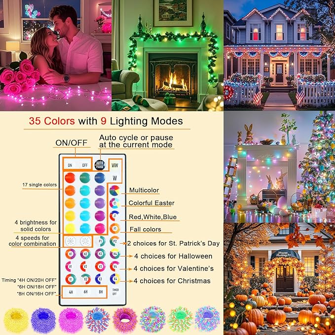 Color Changing Christmas String Lights with Remote, 35 Colors 66FT 200LED String Lights Outdoor Decoration, Indoor Connectable Fairy Lights Plug in for XMAS Tree Thanksgiving Christmas Decoration