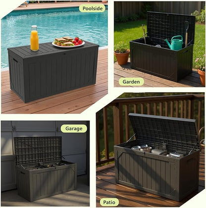 100 Gallon Outdoor Storage Box Waterproof Lockable Resin Deck Box Large, Patio Storage Bin for Pool Accessories Cushion Furniture, Garden Tools, UV-Resistant Outside Delivery Black