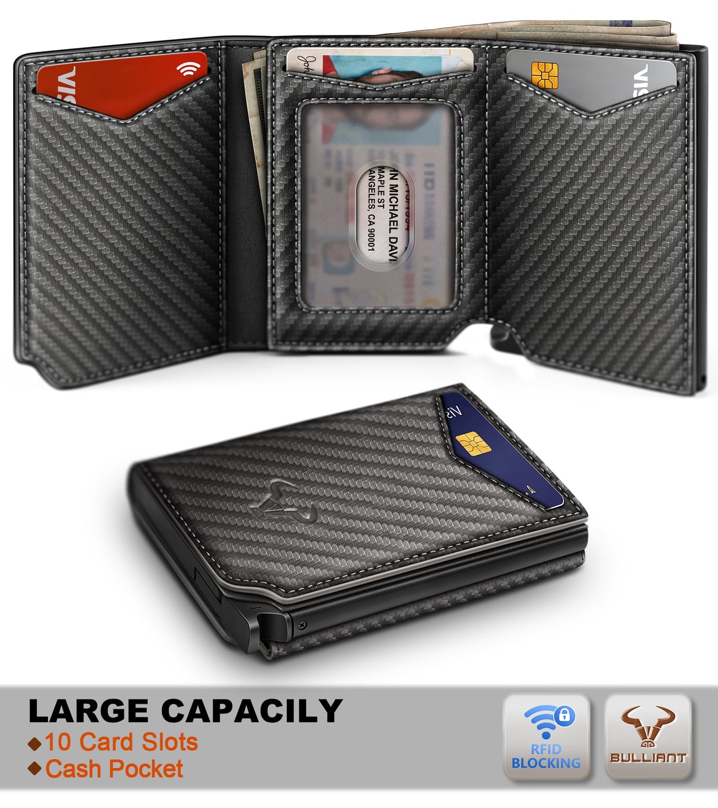 BULLIANT Men Wallet Leather Wallet Card Holders Money Clip for Men 10Cards-Magnetic Flip on Metal Case
