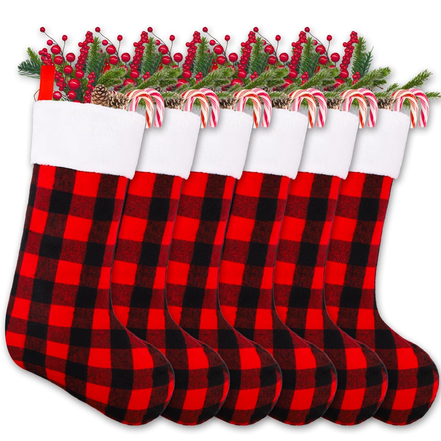 YUJUN 6 Pack 22 Inches Christmas Stockings, Xmas Large Black Red Buffalo Plaid Hanging Stockings Decorations for Christmas Tree Fireplace Family Holiday Party Decor