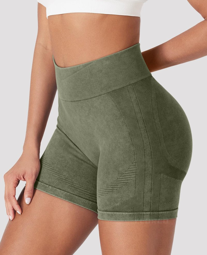 YEOREO Women Workout Biker Shorts Impact 4.5" Faux Denim No Front Seam Mid Waist Hidden Scrunch Lifting Yoga Gym Shorts Green S