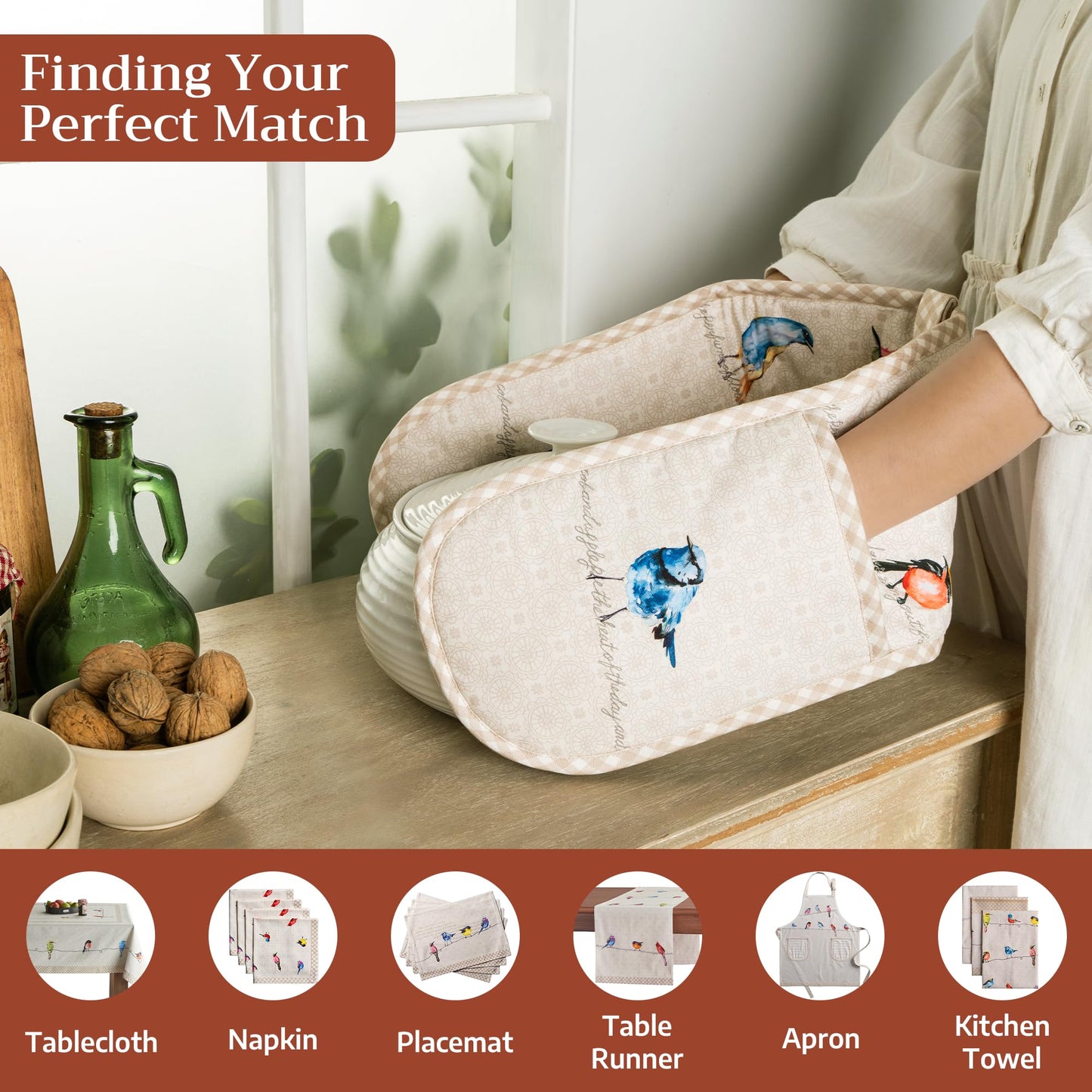Maison d' Hermine Double Oven Mitts 100% Cotton 7"x35" Double Oven Mitt Heat Resistant BBQ Cooking Gloves with Loop Baking Grilling Kitchen Hotel Home Farmhouse Spring Summer (Birdies on Wire)