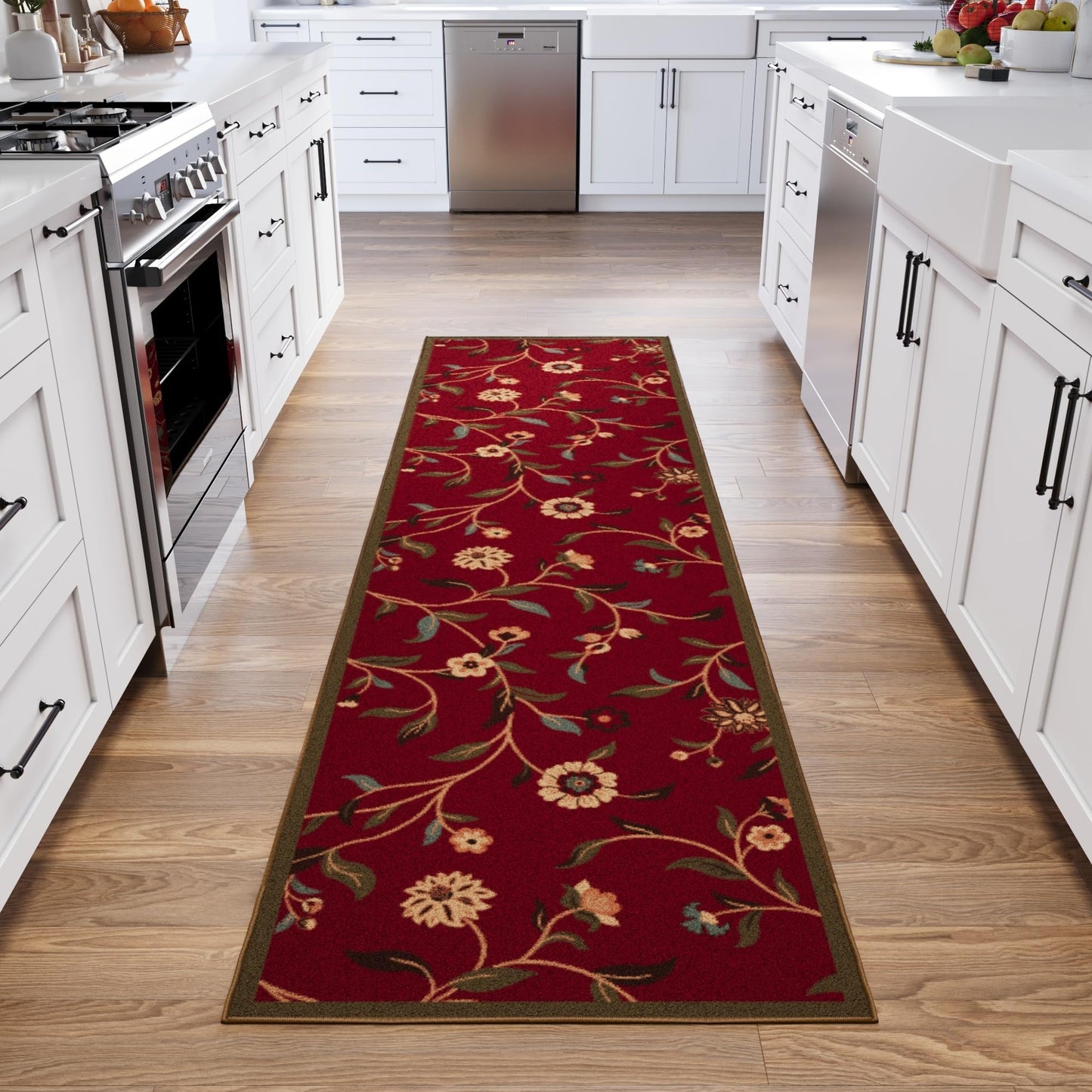 Ottomanson Hallway Runner Rug 2'7" x 9'6" Non Slip Floral Area Rugs Easy to Clean Laundry Rug Runner Durable Pet Friendly Floor Carpet Runners for Hallways Entryway Living Room Kitchen Bathroom, Red