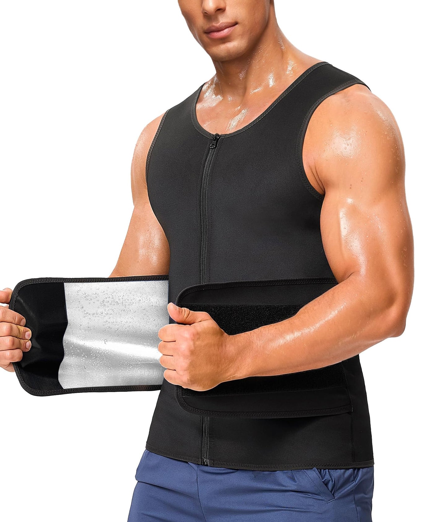 Junlan Sauna Suit for Men 2 in 1 Waist Trainer Sauna Shirt for Men Sweat Band for Stomach(Silver,Large)