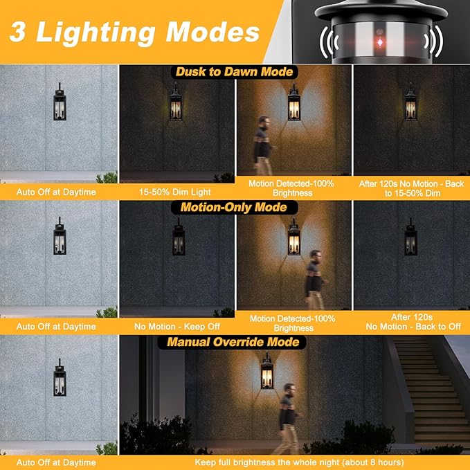 20" Black Motion Sensor Outdoor Light, Large Dusk to Dawn Outside Lighting Fixture, Exterior Farmhouse Wall Mount Porch Lantern, Waterproof Sconce Lamp for Outside Patio, 3 Modes/2-Light/1-Pack
