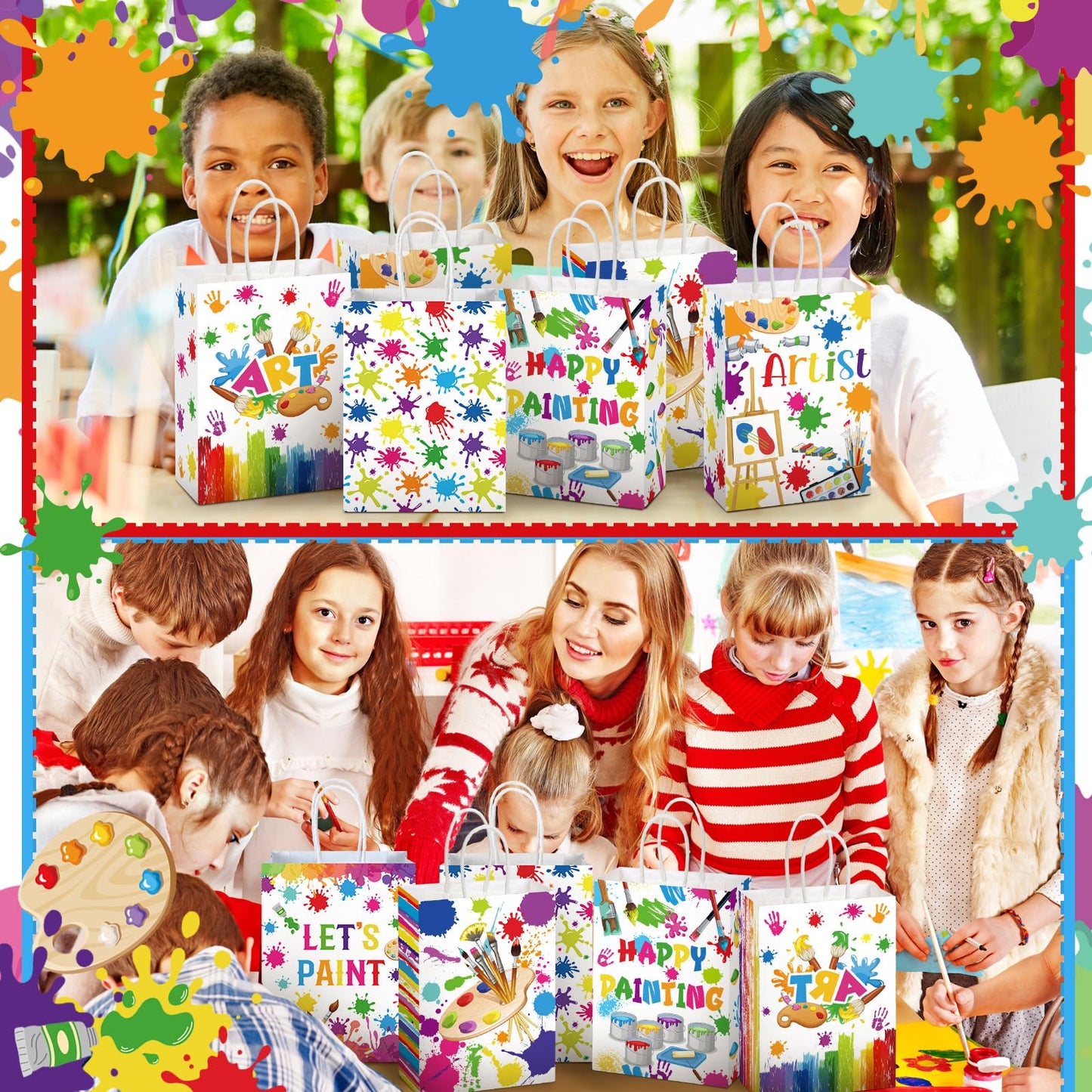 Kolldenn 24 Pcs Art Party Favors Bags Paint Gift Goodie Paper Bags with Handles Splatter Art Candy Pouch‌ Artist Treat Pouch‌ for Painting Splatter Birthday Party Decorations Supplies