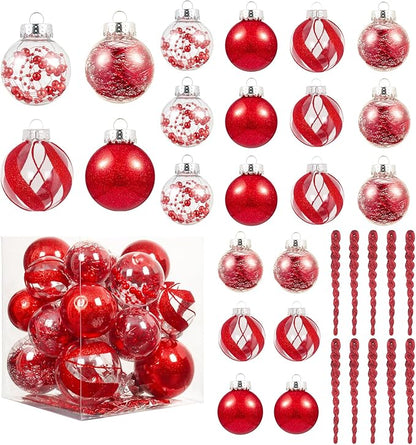 XmasExp 32ct Christmas Ball Ornaments Set -Red Clear Plastic Shatterproof Xmas Tree Ball Decorations Hanging Baubles for Holiday Decor