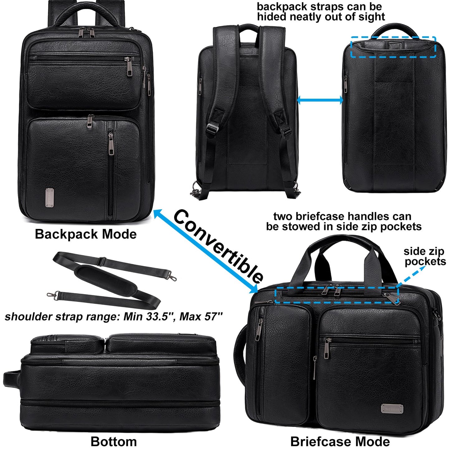 weiatas 3-in-1 Vegan Leather Convertible Laptop Bag for Men Women, 15.6 Inch Waterproof Expandable Backpack, Computer Briefcase, Shoulder Messenger Bag & Weekend Bag for Business Travel Work (Black)