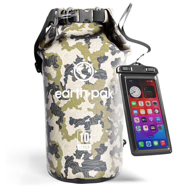 Earth Pak Waterproof Dry Bag - Roll Top Waterproof Backpack Sack Keeps Gear Dry for Kayaking, Beach, Rafting, Boating, Hiking, Camping and Fishing with Waterproof Phone Case (Camo, 10L)