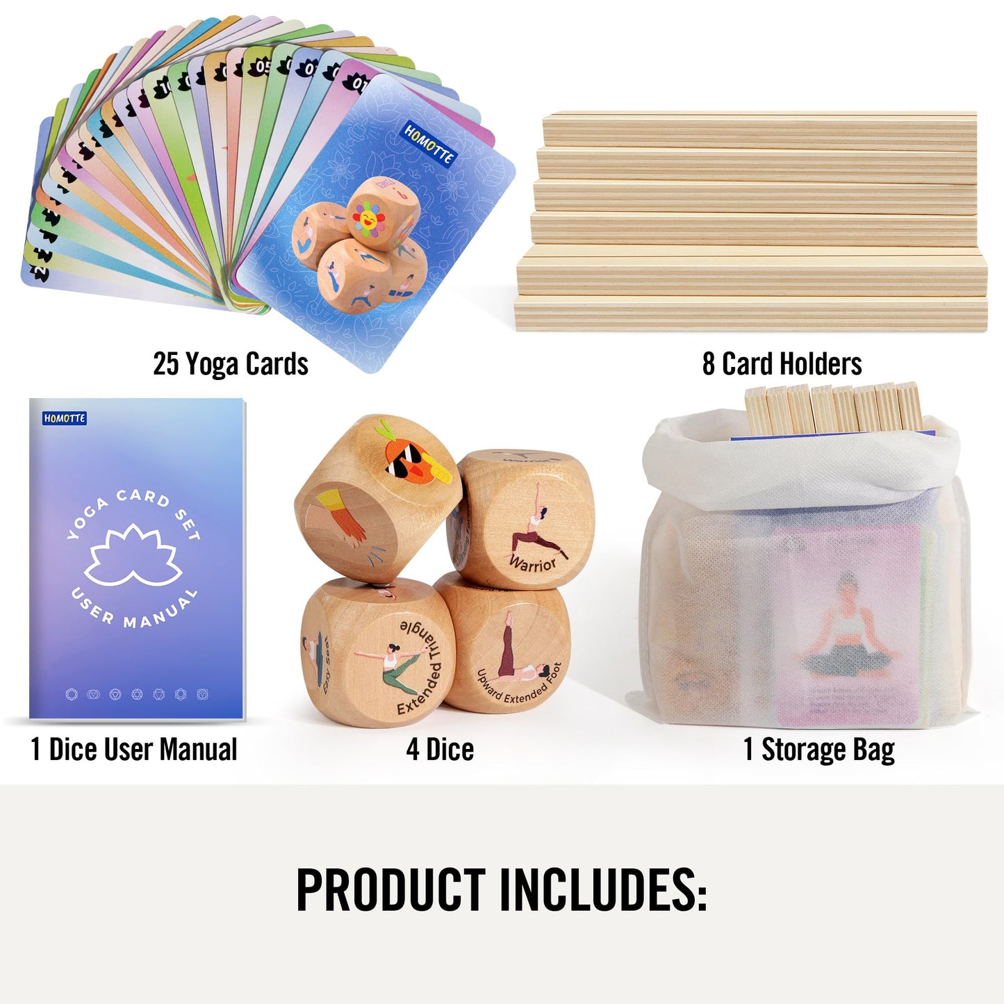 Homotte Yoga Cards and Wooden Yoga Dice Set for Beginners and Kids