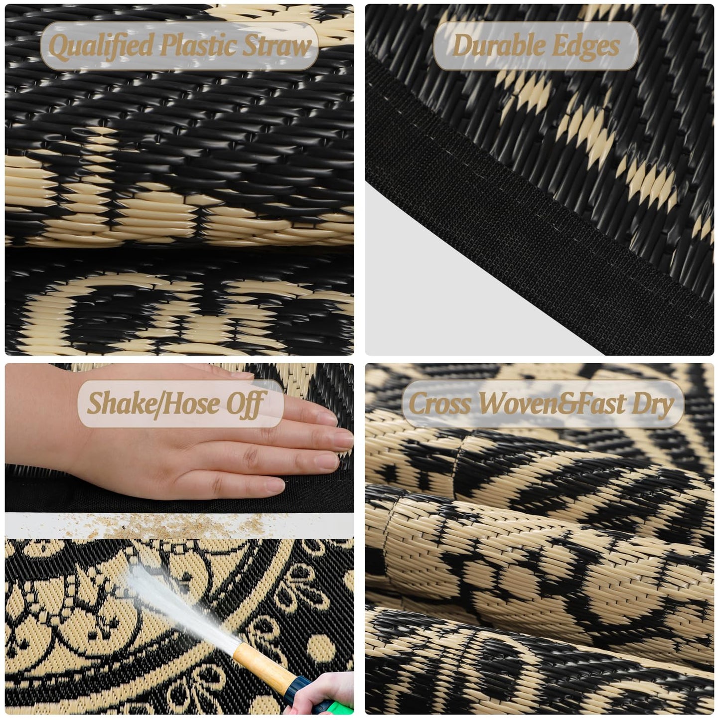 Cekene Round Outdoor Rugs Waterproof 6Ft Reversible Outdoor Patio Rugs Portable RV Camping Mats Lightweight Plastic Straw Rugs Outdoor Area Rug for Patio Picnic Beach BBQ, Black/Camel