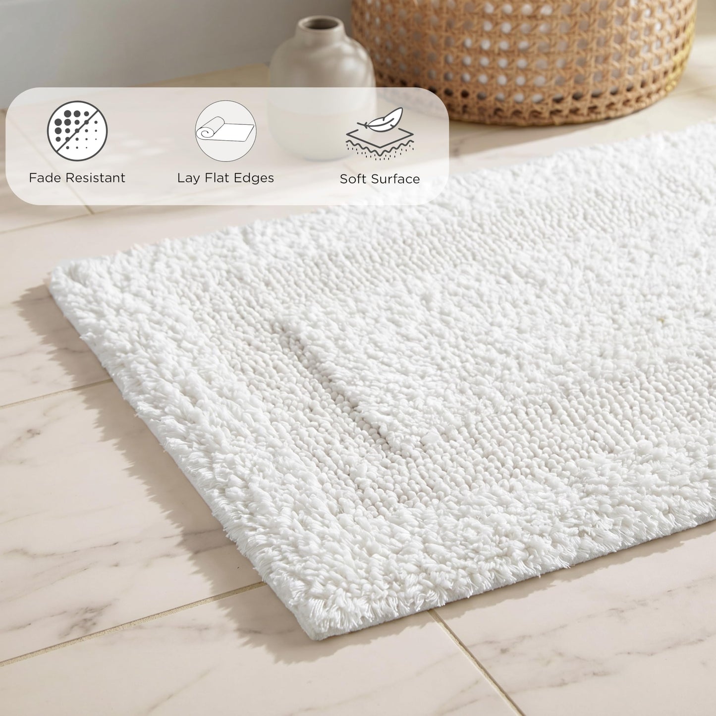 Cotton Reversible Bathmat Set of 2, 17x24 Inches - White, Super Soft Quick Dry Washable Bath Rugs Ideal for Bathroom, Kitchen, Vanity, Shower Area | Plush Soft Spa Style Hotel Quality Floor Mat