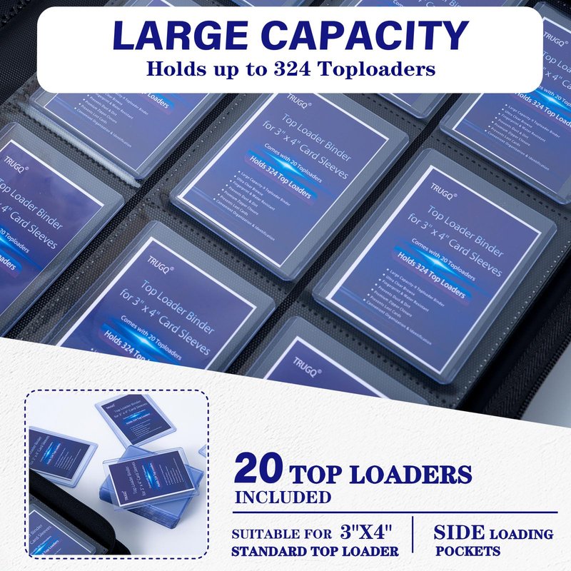 TRUGQ Toploader Binder Holds 324 Toploaders - 20 Toploaders|Waterproof PU Leather + Anti-Yellowing PP Inserts | Ridge Tab Sorting Portable top loader binder for cards(For Sports/Game Cards)