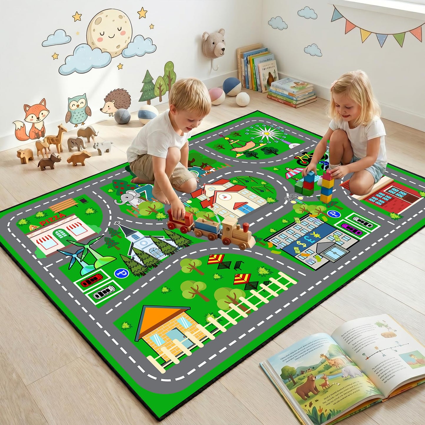 Car Rug Play Mat - Green Road Rug for Kids Boys Room, Fun Race Track Traffic Road Carpet for Boys Playmat Educational Learn, Car Carpet for Kids Room Decor Playmat Bedroom Playroom, 2.5x4 Feet