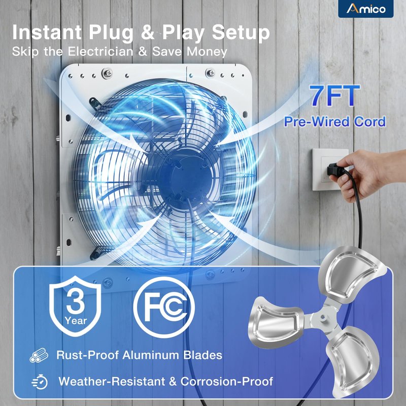 Amico 14 Inch Shutter Exhaust Fan with Remote,Energy Efficient &Quiet 35W EC Motor 1600 CFM Wall Mount Ventilation Fan for Garage,Greenhouse,Attic&Chicken Coop,9-Speed Adjustable,Plug In,Timer,FCC