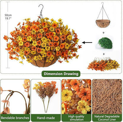 Artificial Fake Hanging Baskets Fall Flowers for Outdoors Autumn Decoration, 12 PCS Faux Daisy Silk Plants Outside UV Resistant Look Real Yard Patio Front Porch Balcony Home Decor (Orange Yellow)