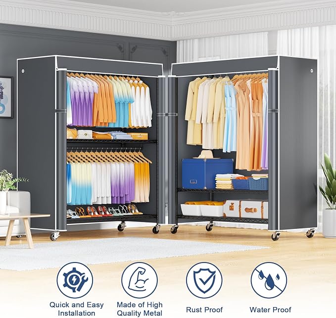 ULIFHOME P8C Max Heavy Duty Clothes Rack（With Extended Width Design） Rolling Clothing Racks for Hanging Clothes with Lockable Wheels，51.2" W x 15.8" D x 80.5" H，Load 800LBS，Black Rack with Grey Cover