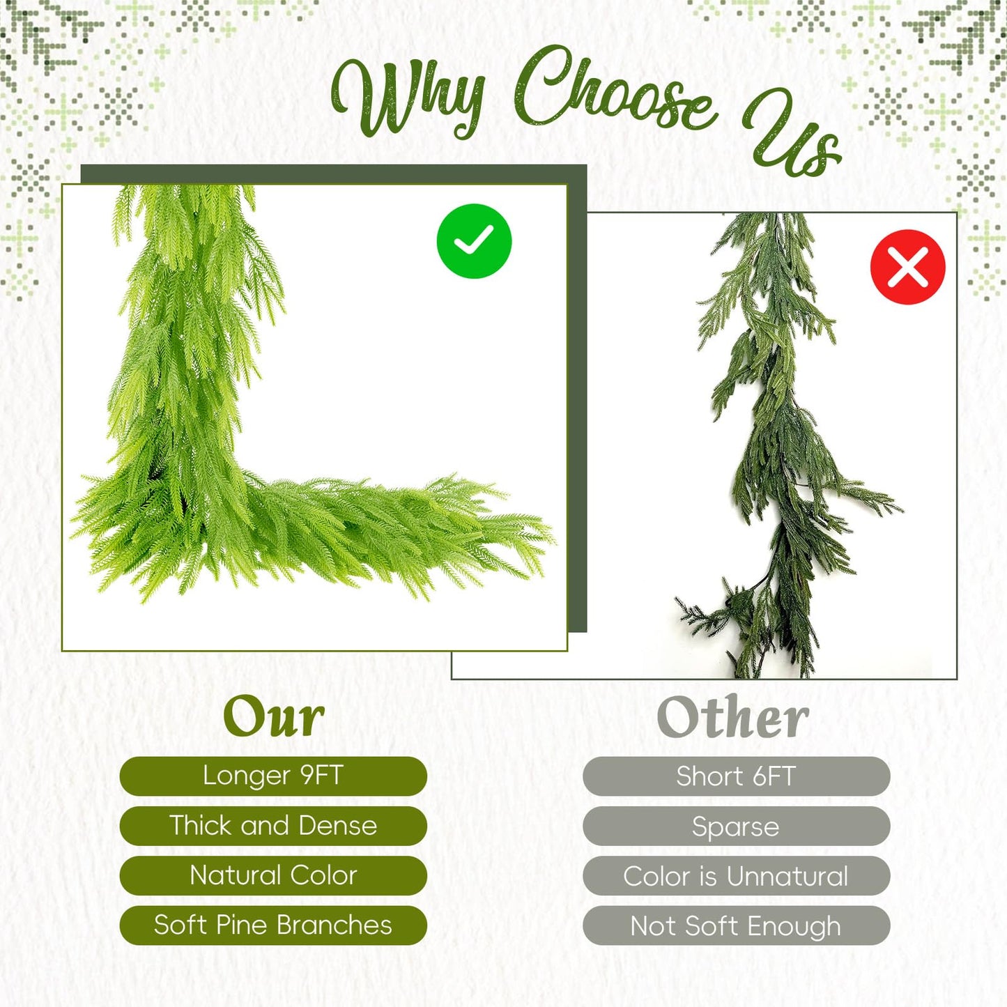 N&T NIETING Christmas Garland Norfolk Pine Garland Real Touch Artificial Christmas Lime Green Xmas Garland for Mantle,Table Holiday Fireplace Staircase Indoor Outdoor Christmas Decorations (9 FT)