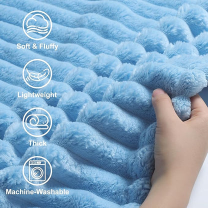 decorUhome Soft Fleece Blue Blanket King Size for Bed, Cozy Fluffy Plush Flannel Large Striped Throws for Couch Sofa, Lightweight Decorative Fuzzy Blanket for Woman, 108x90 Inches