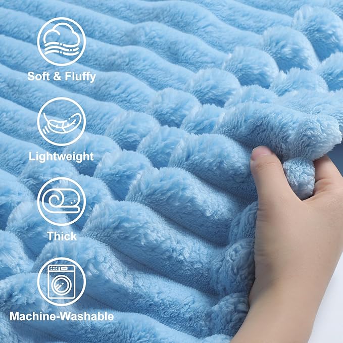 decorUhome Soft Fleece Blue Blanket Queen Size for Bed, Cozy Fluffy Plush Flannel Large Striped Throws for Couch Sofa, Lightweight Decorative Fuzzy Blanket for Woman, 90x90 Inches